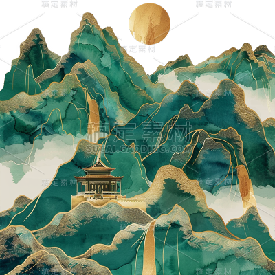 中国风通用铂金山水元素素材