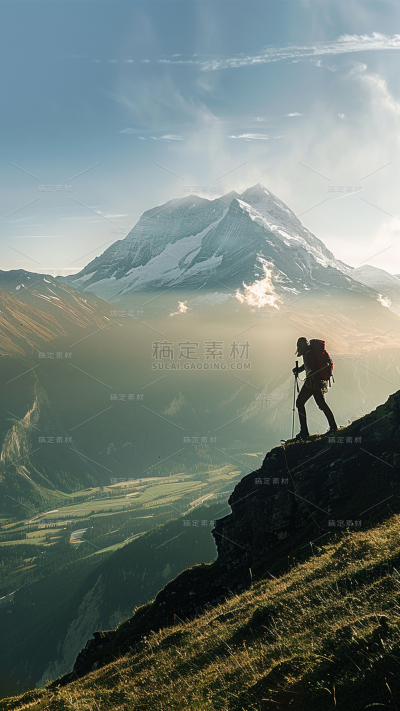 风光通用实景合成人物登山背景图片素材