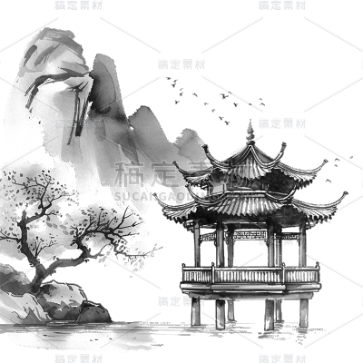 中国风通用水墨中式建筑组合元素素材