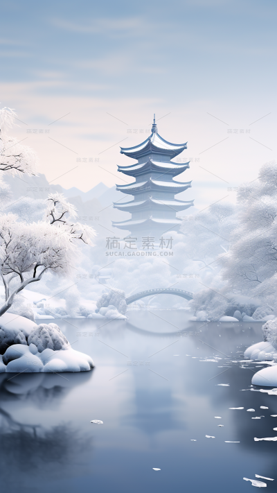 冬季冬天通用插画中国风中式古建筑自然山水积雪场景背景