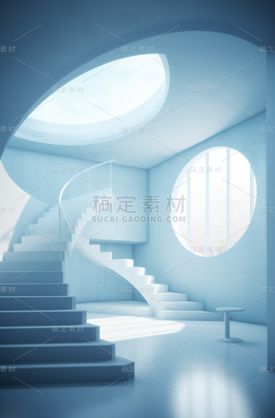圆形房间的3d渲染图，淡天蓝色和淡白色的风格，超现实的形状，steven holl，超现实动画，引人注目的构图，ricoh r1，桌面摄影
