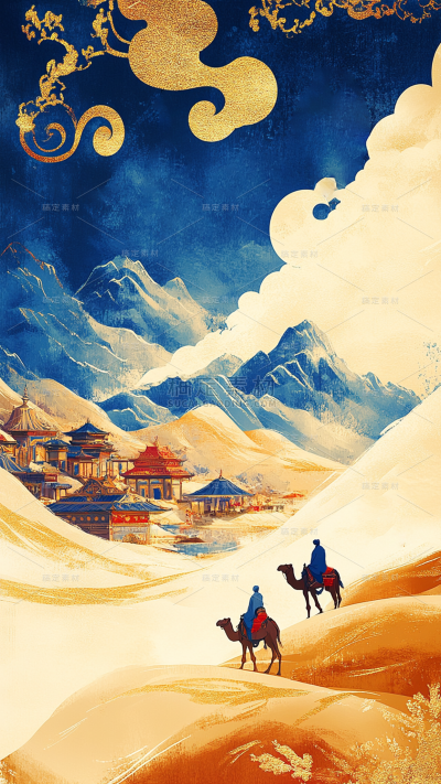 中国风通用国风鎏金骆驼山脉背景