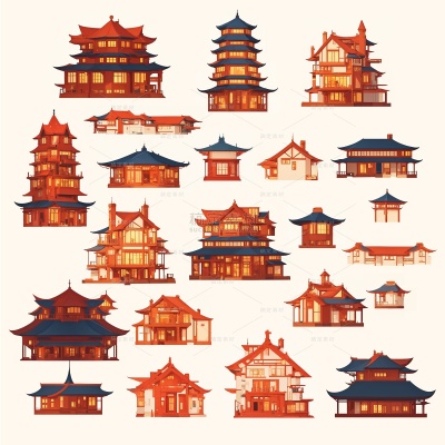 建筑系列中国特色建筑剪影元素组合（td）