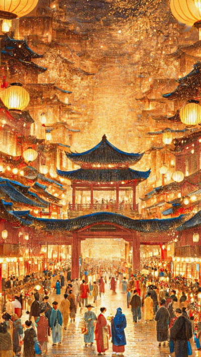元宵节国风手绘元宵热闹街道场景背景