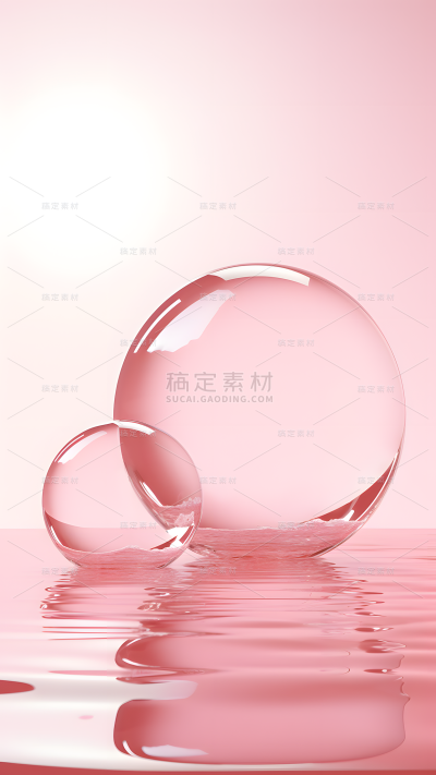 通用电商简约风纯色粉色水面透明玻璃圆球展台场景背景