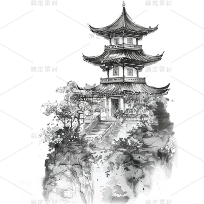 中国风通用水墨中式建筑组合元素素材