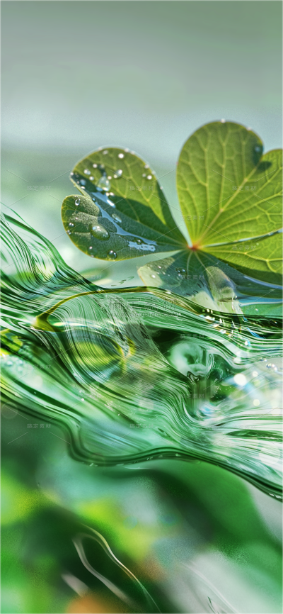 植物系列实景感绿色四叶草水珠波浪背景