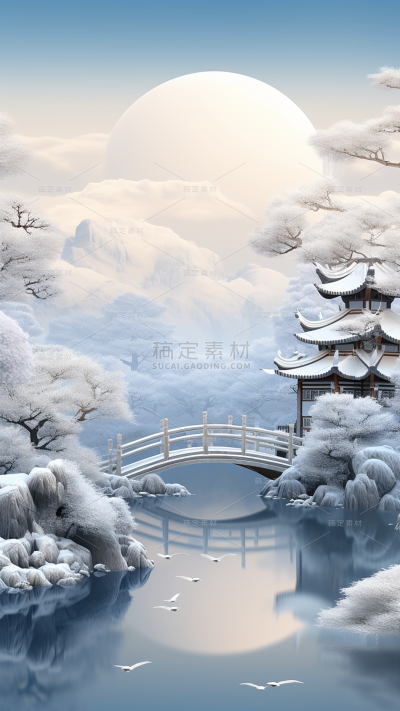 冬季冬天通用插画中国风中式古建筑自然山水积雪场景背景