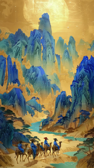 中国风新中式鎏金山水背景素材