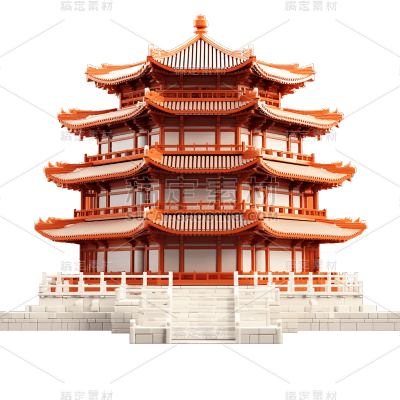 3D立体C4D元素中式中国风建筑亭子元素