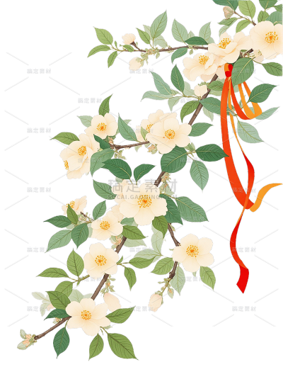 植物系列插画风花朵+花枝下垂元素