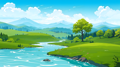 风光系列卡通风蓝天白云河流草坡插画（td）