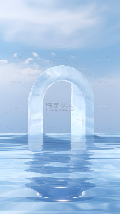 通用电商简约透明玻璃感水面拱门展台场景背景