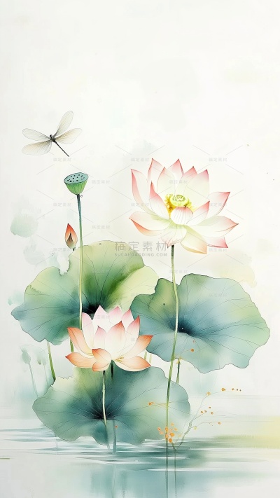 夏至国风水彩荷花荷叶蜻蜓背景
