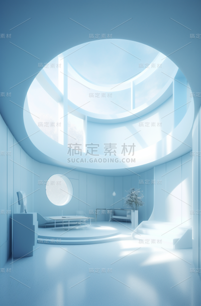 圆形房间的3d渲染图，淡天蓝色和淡白色的风格，超现实的形状，steven holl，超现实动画，引人注目的构图，ricoh r1，桌面摄影