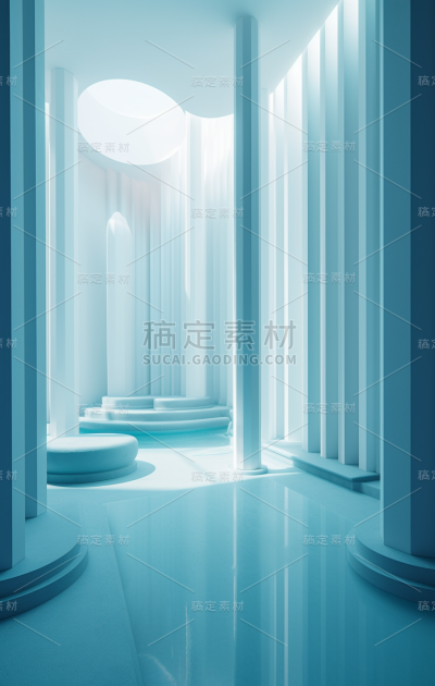房间里白色起居空间的3d背景，浅靛蓝，基于雕塑圆柱的摄影