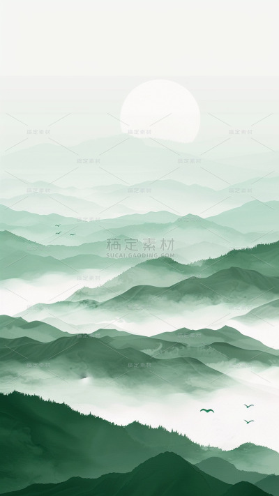 中国风通用春绿色古风山水云雾意境竖版图片素材