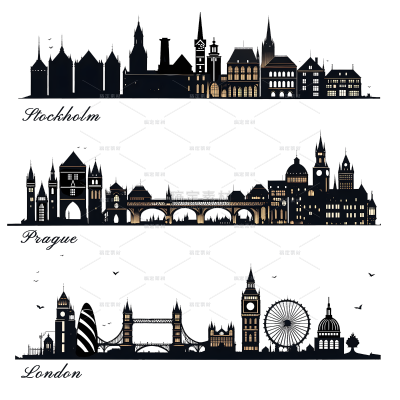 建筑系列插画风黑色欧洲标志性建筑剪影元素组合（td）
