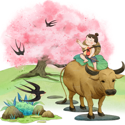 清明节古风插画牧童黄牛人物组合元素素材