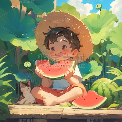 小暑通用插画夏日吃瓜儿童图片素材