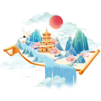 中国风通用卷轴山水建筑组合场景元素素材