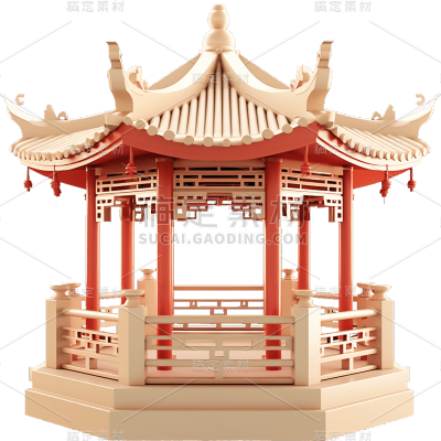 3D立体C4D元素中式中国风建筑亭子元素