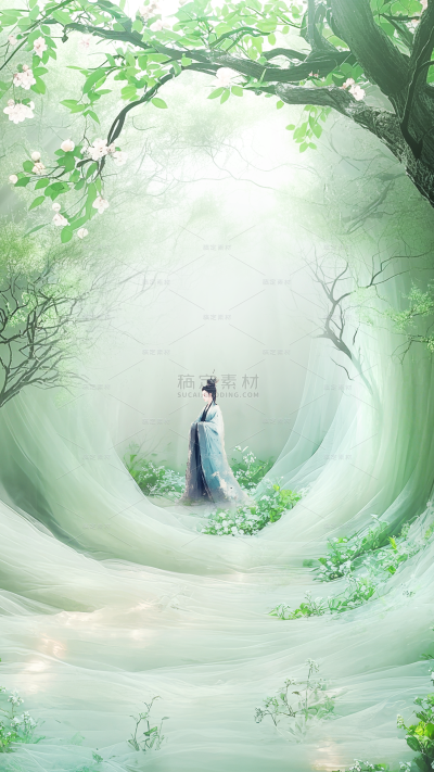 春分中式感立体人物植物薄纱组合背景