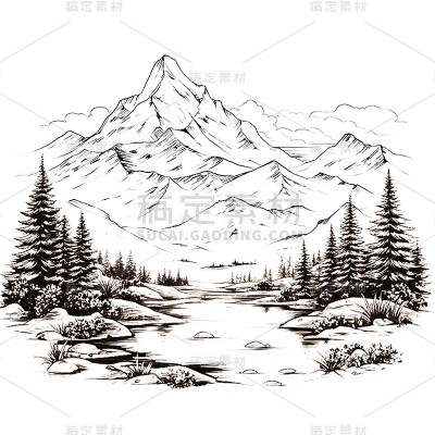 风光通用插画手绘线条山元素素材