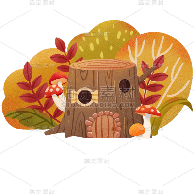 秋天秋日秋季传统节气秋分立秋手绘插画儿童森林建筑场景