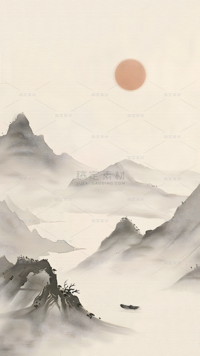 中国风通用山水背景黄褐色太阳水墨图片素材