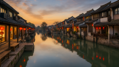 建筑系列写实感水乡建筑水面夕阳天空图片（td）