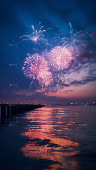 元旦节新年梦幻感烟花背景插画元素素材