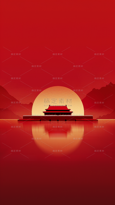 国庆通用红金中式建筑倒影背景图片
