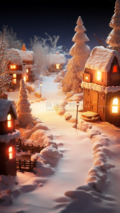 圣诞节平安夜3D立体C4D展台雪景小屋场景背景图片素材