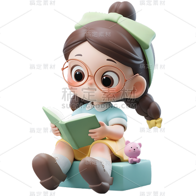 通用3D卡通感可爱小女孩看书阅读儿童人物贴纸