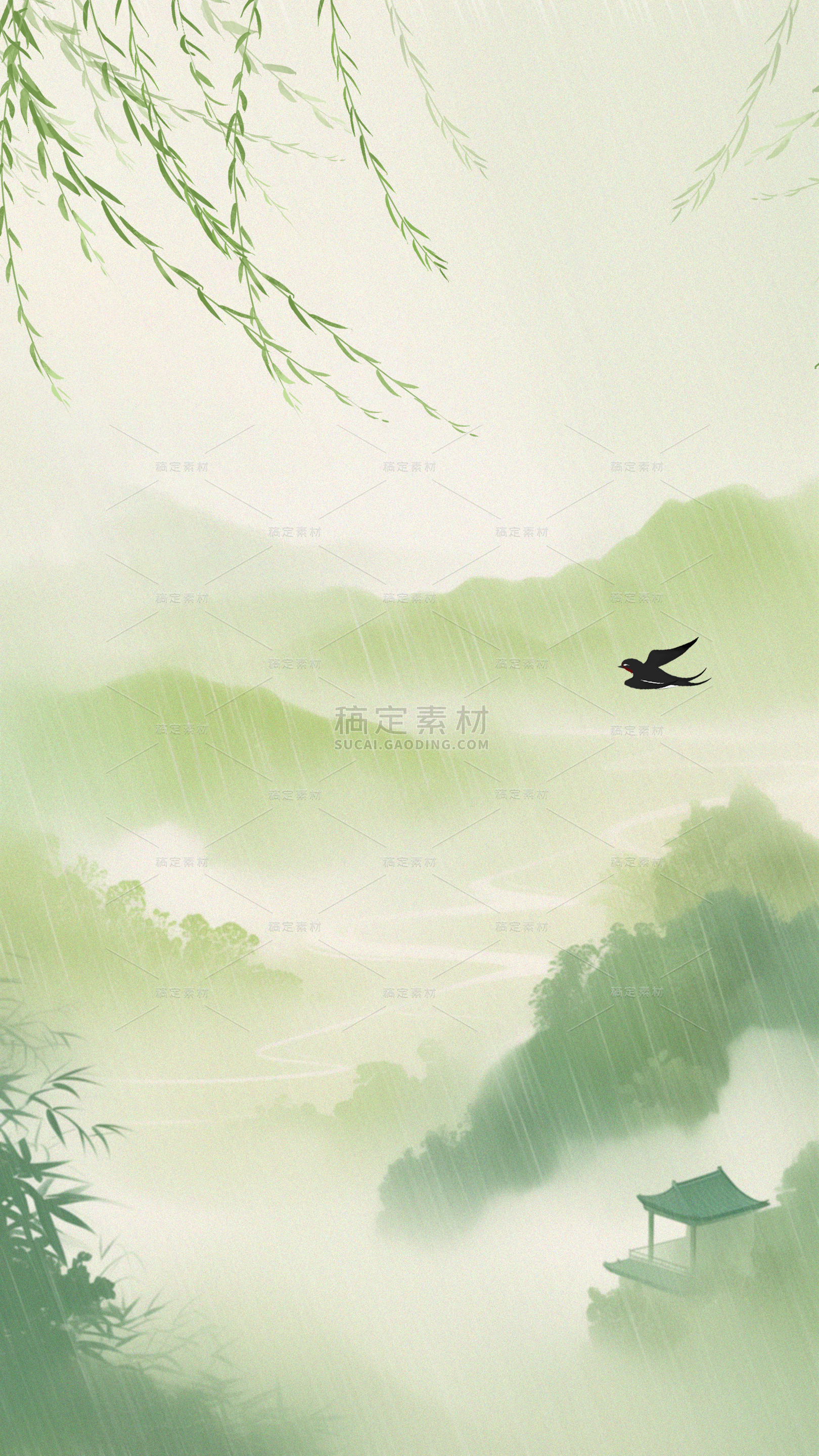雨水国风晕染群山下雨场景组合背景