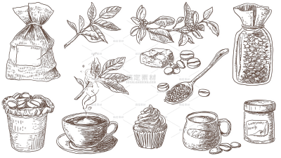 植物系列手绘风棕色咖啡插画元素组合（td）