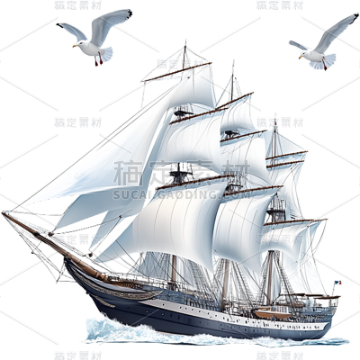 交通系列拟物感插画轮船海浪贴纸