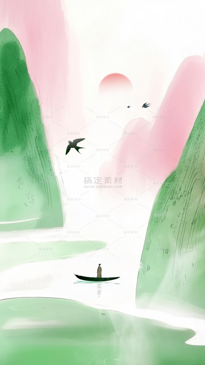 清明节国风水墨山水人物燕子倒影背景
