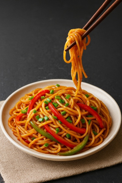 常规内容-美食系列写实筷子夹辣椒炒面背景