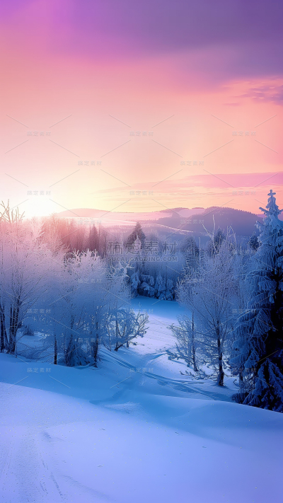 冬季节气雪地粉紫色天空背景图片