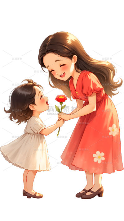 母亲节-唯美感亲子送花插画元素