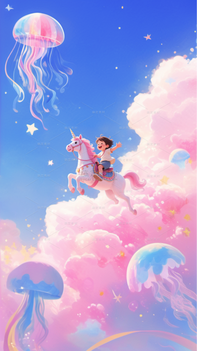 儿童节梦幻感弥散云孩子插画背景