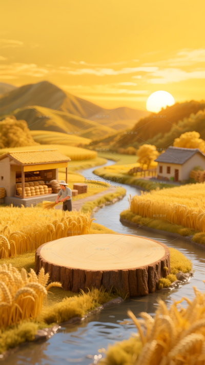 立秋3D麦田地河流房屋夕阳天空微缩展台背景