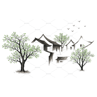 植物系列树国风建筑水墨画元素贴纸（td）