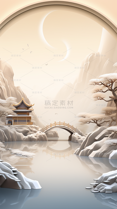 冬季冬天通用插画中国风自然山树积雪场景背景