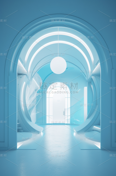 3d室内室，玻璃天空上有两个圆形白色灯泡，呈淡天蓝色和天蓝色风格，拱形门道，在线雕塑，动画形状，流线型形式，干净流线型，英特尔核心
