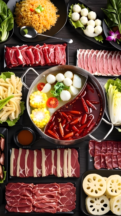 美食系列实景鸳鸯火锅餐桌菜盘肥牛蔬菜（td）