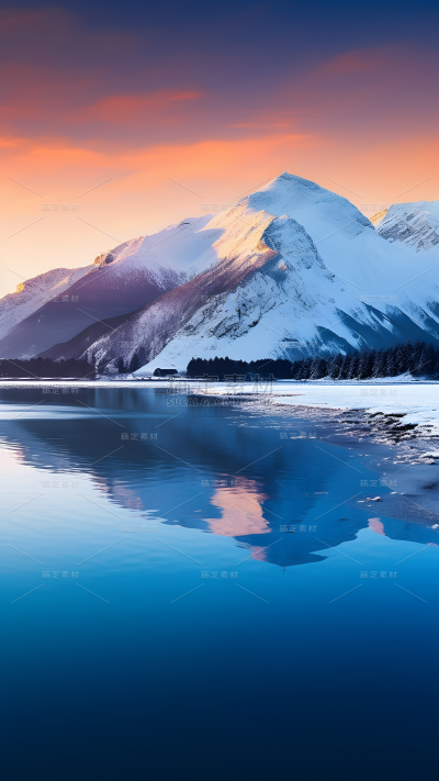 通用唯美自然山川湖水雪山晚霞风景背景