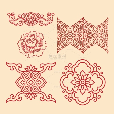 中国风系列插画风传统红色花卉线稿装饰花纹组合（td）